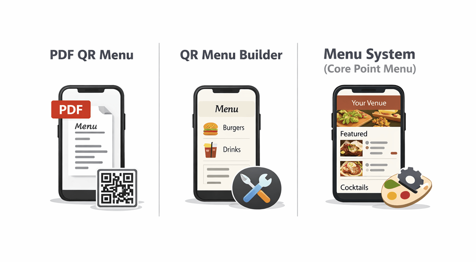 Types of QR code menus: PDF menu, QR menu builder, mobile-first menu system